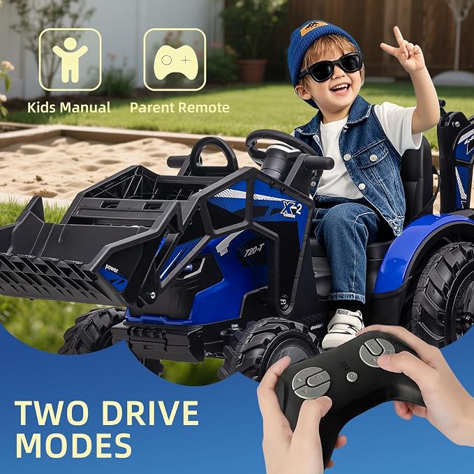 GarveeLife 3 in 1 Ride on Tractor, 24V Ride on Toy for Big Kids, Excavator Bulldozer - Battery-Powered Electric Vehicle w/Trailer, Digger, Remote Control, LED Lights, Music, USB, Battery Powered, Blue