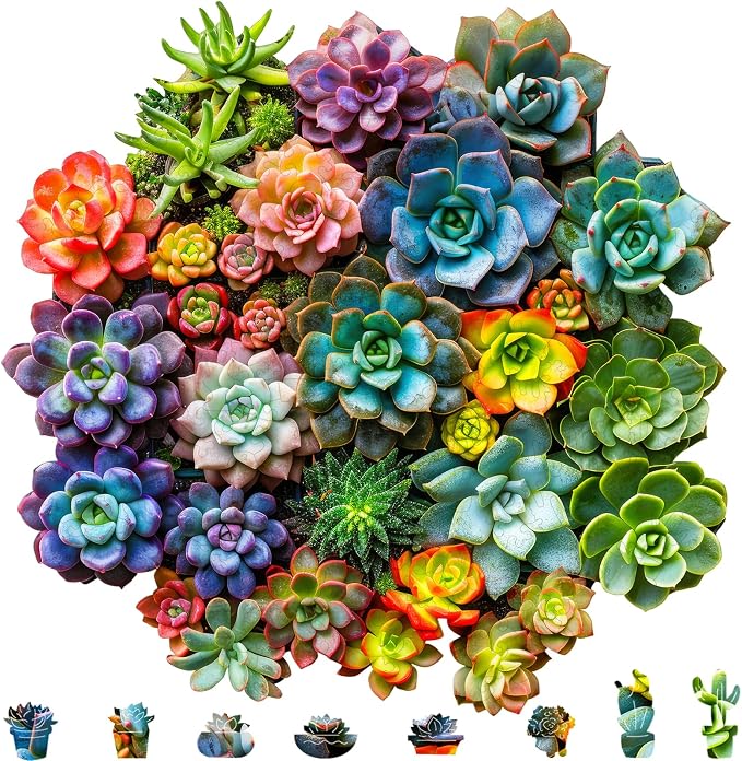 Mys Aurora Succulent Wooden Puzzles for Adults, 200 Piece Unique Shaped Wood Jigsaw Puzzles for Adults and Kids, Fun Challenging Puzzles Family Game Gift, Medium 11.2'' x 11'