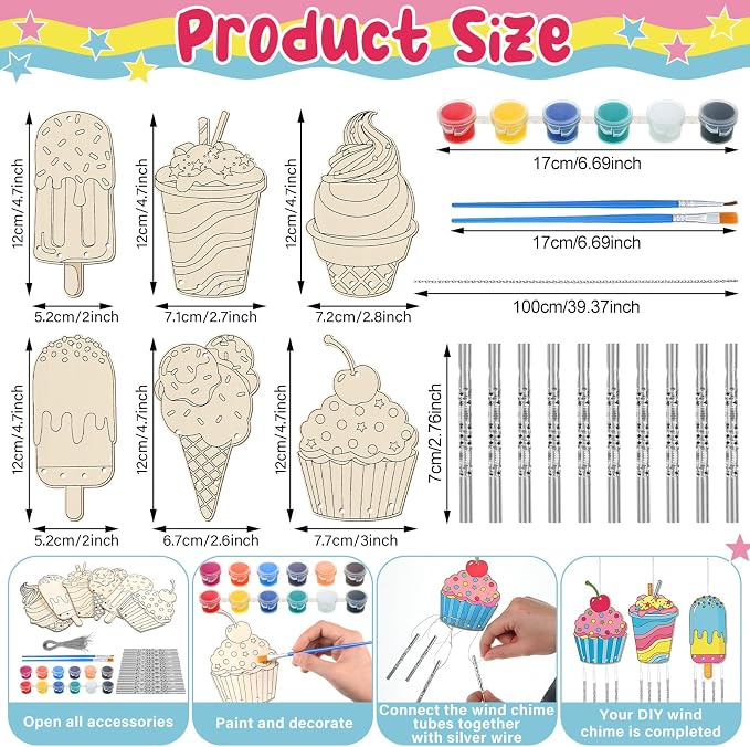 Silipull 24 Sets Summer Wind Chimes Craft for Kids Color Your Own Ice Cream Windchime DIY Unfinished Wood Hanging Ornaments Coloring Wind Chime for Kids Gifts School Home and Party Supplies