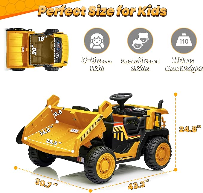 JOYRACER 24V 2 Seater Ride on Dump Truck w/400W Motors, Kids Ride On Car w/20'' Seat, Parent Remote, Electric Construction Vehicle w/Dump Bed & Shovel, 5Mph Max, Power Car Wheelers for Kids, Yellow