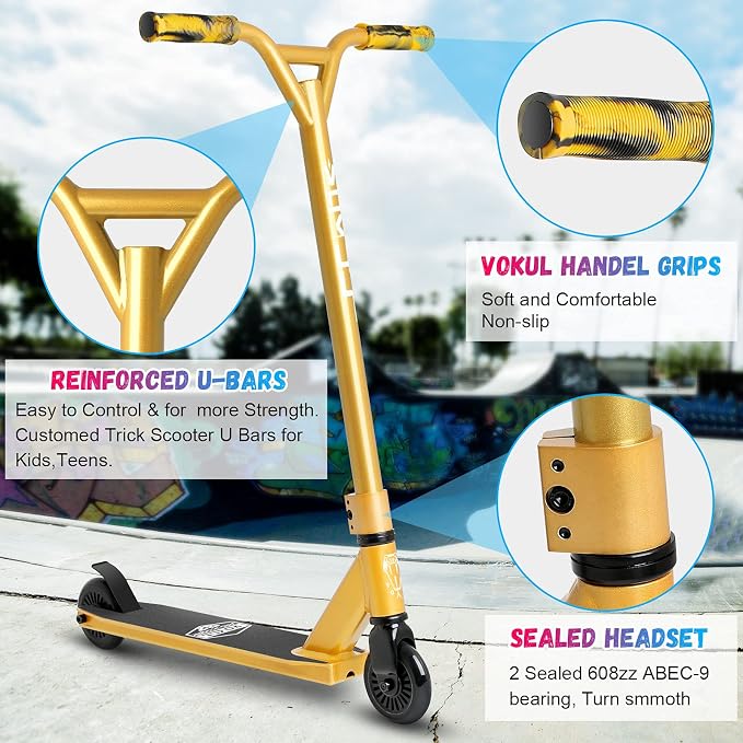 VOKUL Complete Pro Scooter for Kids Boys Girls Teens Up 6 Years - Freestyle Tricks Pro Stunt Scooter - High Performance Gift for Skatepark Street Tricks