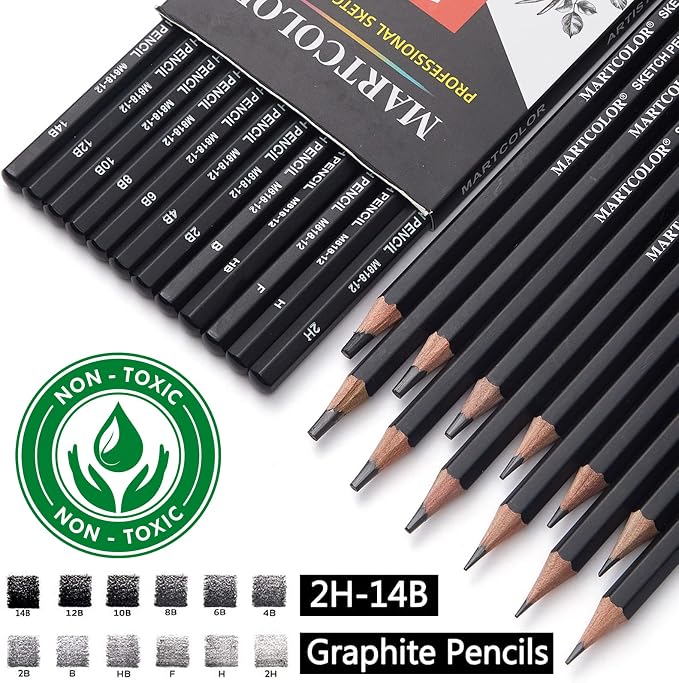 MARTCOLOR Drawing Sketching Pencils Set, 12 Pack Graphite Pencils(14B - 2H), Ideal for Drawing Art, Sketching, Shading, Artist Pencils for Beginners & Pro Artists