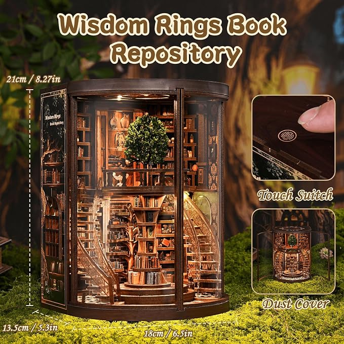 fifijoy DIY Book Nook Kit for Adults - 3D Wooden Puzzle Miniature House Kit with LED Light, Miniature Dollhouse Library Bookshelf Insert Decor, Creative Gift for Family, Friends (Wisdom Rings)