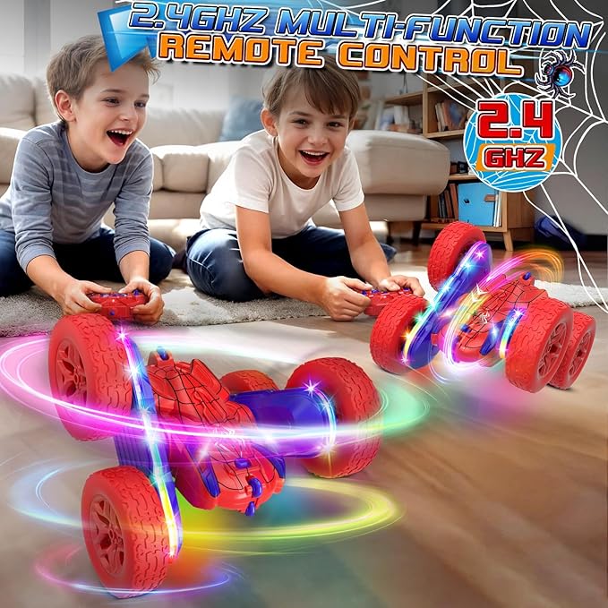 Jimdella Spider RC Cars Toys for Boys 4-6, 2.4GHz Remote Control Car with 26 LED Light System, 360° Flips, Changeable Wheels, Rechargeable All-Terrain Truck Gift for Kids Ages 4-8
