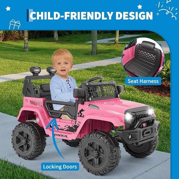 Hetoy 12V Ride on Toys with Parent Remote Control Toddler Electric Vehicle with Spring Suspension, LED Lights, Bluetooth, Music Player, 3 Speeds Ride on Car Truck for Kids Age 3-8 (Pink)