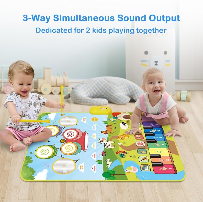FOKI Piano Mats, 3-in-1 Animal Musical Play Mat with Piano & Drum for Montessori Sensory Early Educational Musical Learning Toys, Ideal Birthday Toy for Baby Girls, Boys, Toddlers, Ages 1-5 Years Old