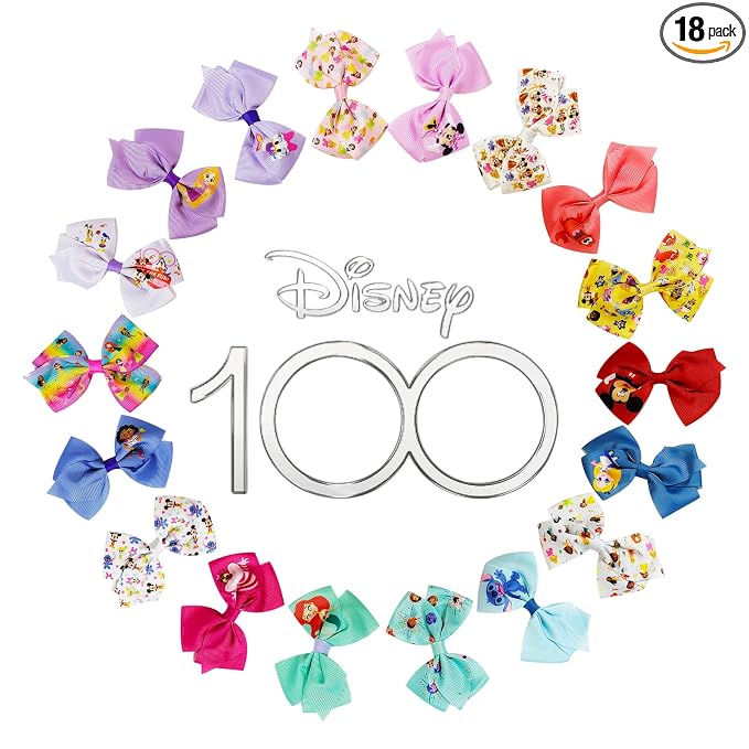 Disney 100th Anniversary Special Hair Accessory for Girls|18pc Disney Hair Bow Clips Featuring Favorite Characters with a String Bag Bow Holder with hanger. For all occasions & ages 3+
