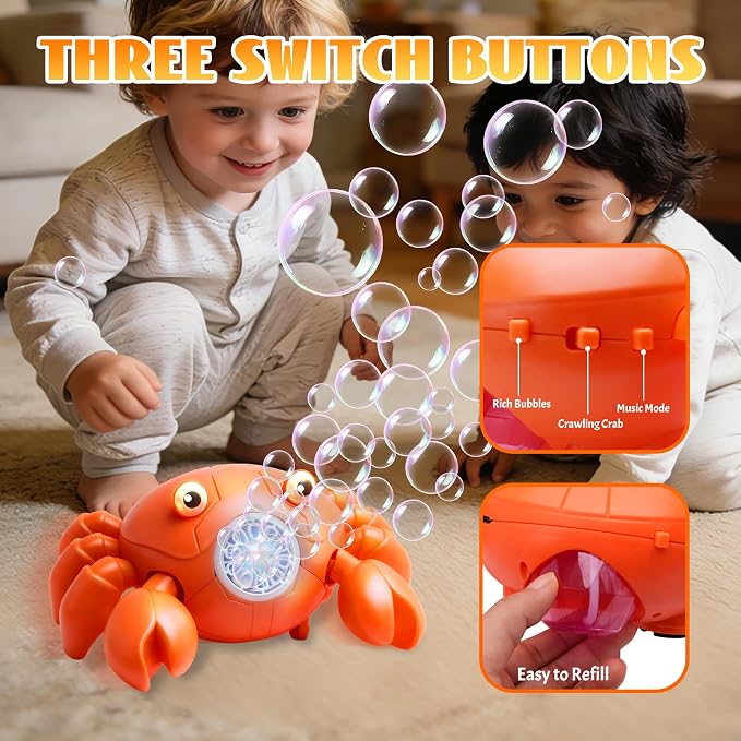 Crab Bubble Machine for Kids,Interactive Crawling Crab with LEDs & Music, USB-C Rechargeable,Automatic Bubble Blower for Toddlers, Perfect for Kids Ages 3-15, Outdoor, Garden, Parties, Birthdays