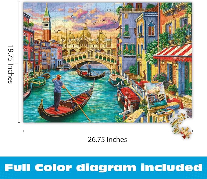 Buffalo Games Image World - Sights of Venice - 1000 Piece Jigsaw Puzzle - 26.75 x 19.75 in, Rectangular - Scenic Venice View - Adult Puzzles - Bonus Reference Diagram