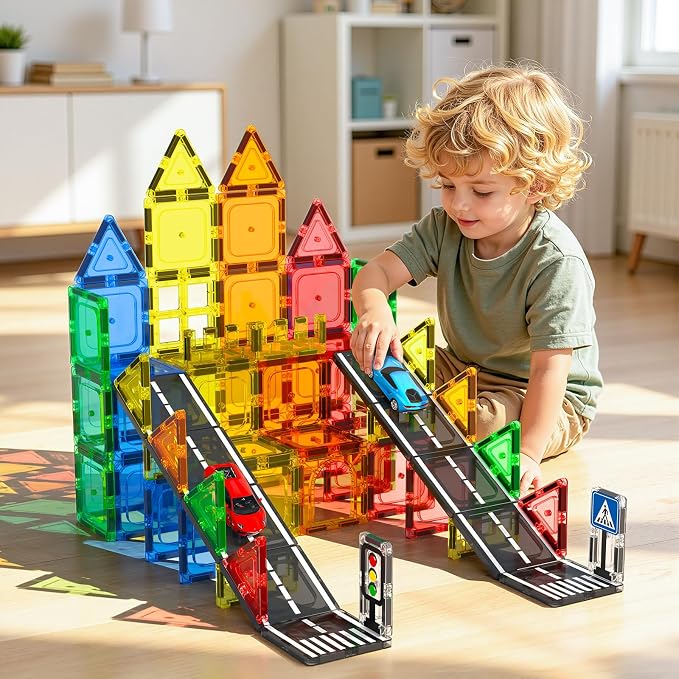 Magnetic Tiles Road Set, STEM Magnetic Blocks for Kids Ages 3-5 4-8 5-7, Construction Magnet Tiles Kids Toys, Christmas Birthday Gift for Boys Girls Ages 3+