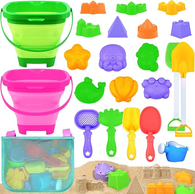 Collapsible Beach Sand Toys for Kids Toddlers with Sand Bucket, Marine Animal Molds, Castle Building Molds, Shovels, Storage Mesh Bag, Travel Sand Toys for Boys Girls (23PCS ( 2 Sand Buckets ))