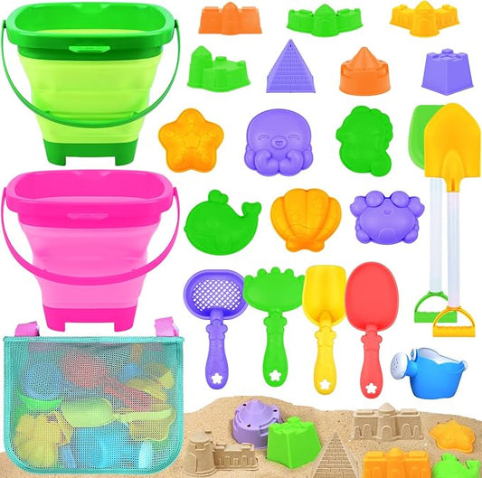 Collapsible Beach Sand Toys for Kids Toddlers with Sand Bucket, Marine Animal Molds, Castle Building Molds, Shovels, Storage Mesh Bag, Travel Sand Toys for Boys Girls (23PCS ( 2 Sand Buckets ))