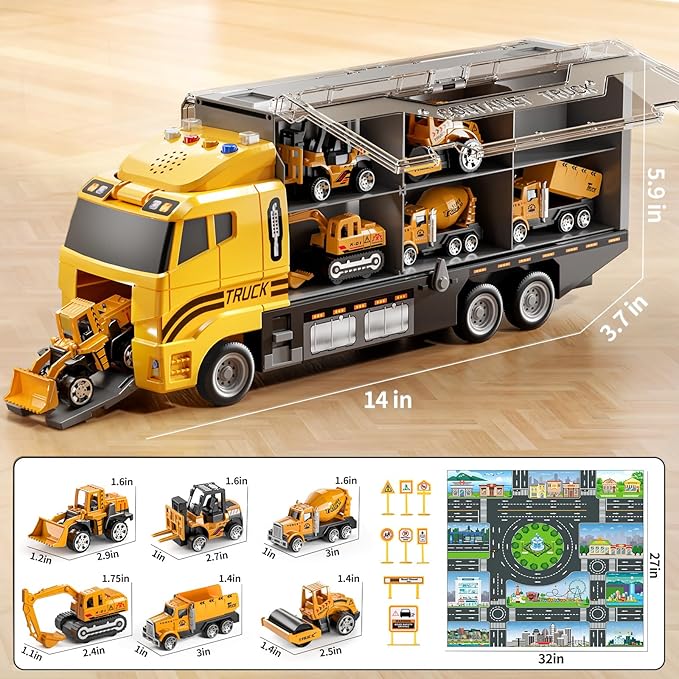 NIPLOOOW Toddler Boys Construction Truck Vehicle Toy Set with Play Mat and Die-Cast Toy Car, Transport Carrier Truck for Kids 3-5, Birthday Gifts Toys for 3-8 Year Old Boys