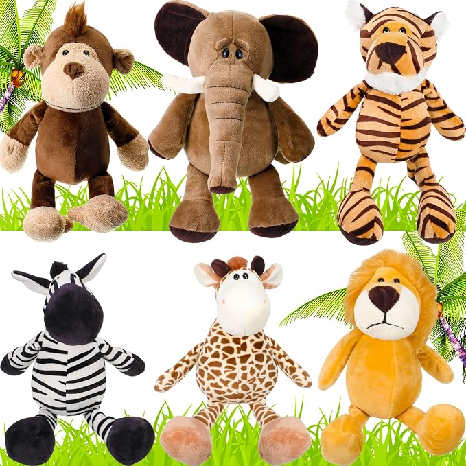 Zhanmai 6 Pieces Safari Stuffed Animals Plush Jungle Animal Toys Set for VBS 2026 Decorations Lion Elephant Zebra Giraffe Tiger Monkey for Boys Girls Birthday Animal Themed Parties