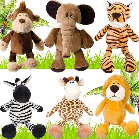 Zhanmai 6 Pieces Safari Stuffed Animals Plush Jungle Animal Toys Set for VBS 2026 Decorations Lion Elephant Zebra Giraffe Tiger Monkey for Boys Girls Birthday Animal Themed Parties