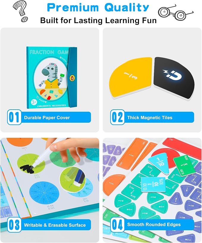 Magnetic Fraction Demonstration Book, 102 Pcs Magnetic Fraction Tiles & Circles Set for Kids, Fraction Manipulatives Montessori Math Games for Elementary School