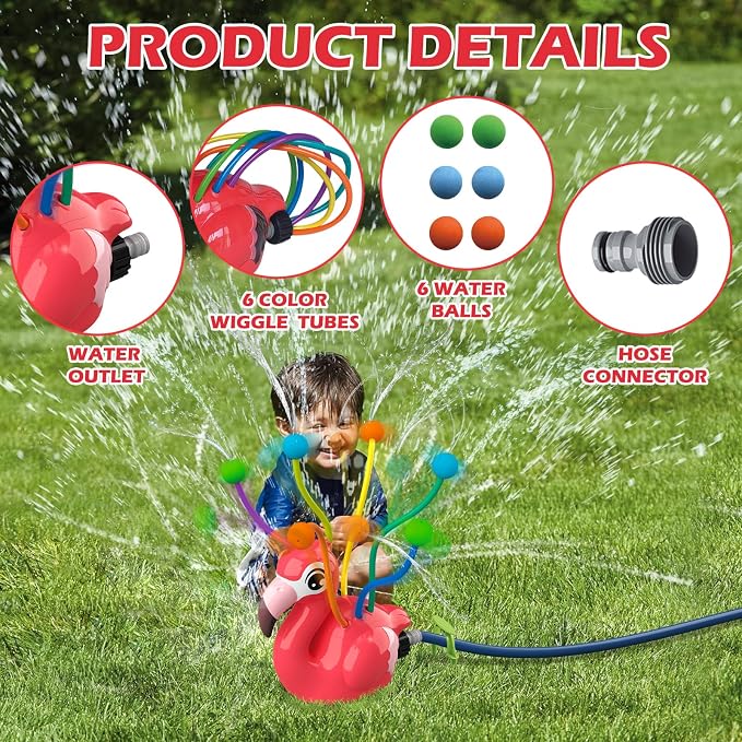 Water Sprinkler Toy for Kids, Outdoor Spinning Sprinkler with Wiggle Water Tubes, Connects to Garden Hose, Backyard Lawn Splash Toy for Summer Outdoor Play, Flamingo