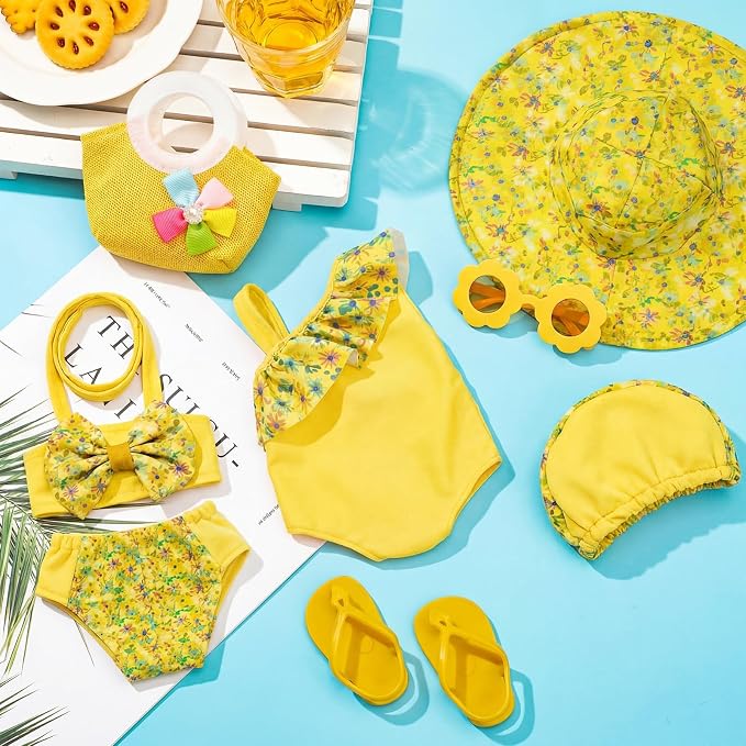 Kajaia 8 Pcs Butter Yellow 18 Inch Doll Clothes and Accessories Doll Swimsuit Dress Flip Flop Hat Outfit Swimsuit Accessories