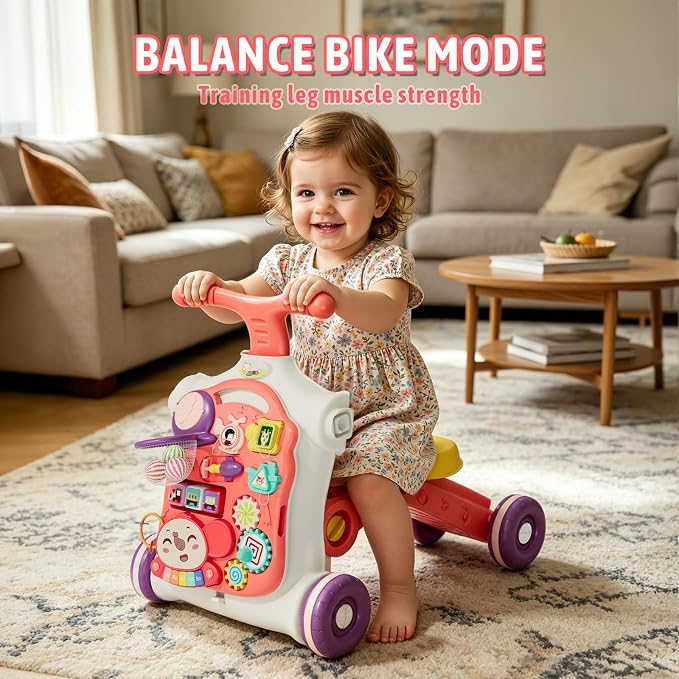 QDRAGON 5 in 1 Walker for Baby Girl, Baby Push Walkers, Assemble as Scooter/Motorbike/Activity Center/Detachable Panel, Walking Toys for Infants, Red