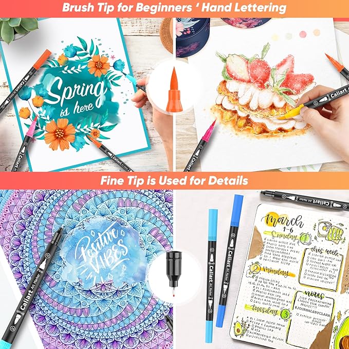 Caliart 72 Colors Double Tip Brush Pens Art Markers, Artist Fine & Brush Coloring Markers for Adult Book Journaling Calligraphy Lettering Planners Cards Drawing Craft Kit Teacher Office Supplies