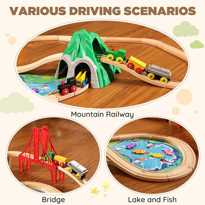 SainSmart Jr. 112-Piece Wooden Train Set for Toddler – Double-Sided Train Tracks, Compatible with Brio, Thomas, Melissa & Doug – Perfect Wood Toy for Boys and Girls