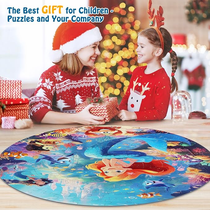 DIGOBAY Floor Puzzles for Kids Ages 3-5, 70 Pieces Mermaid Jigsaw Puzzle for Toddler Girls Ages 3 4 5 6 7 8 Year Old, Large Round Underwater Princess Puzzle Educational Learning Toys Birthday Gift