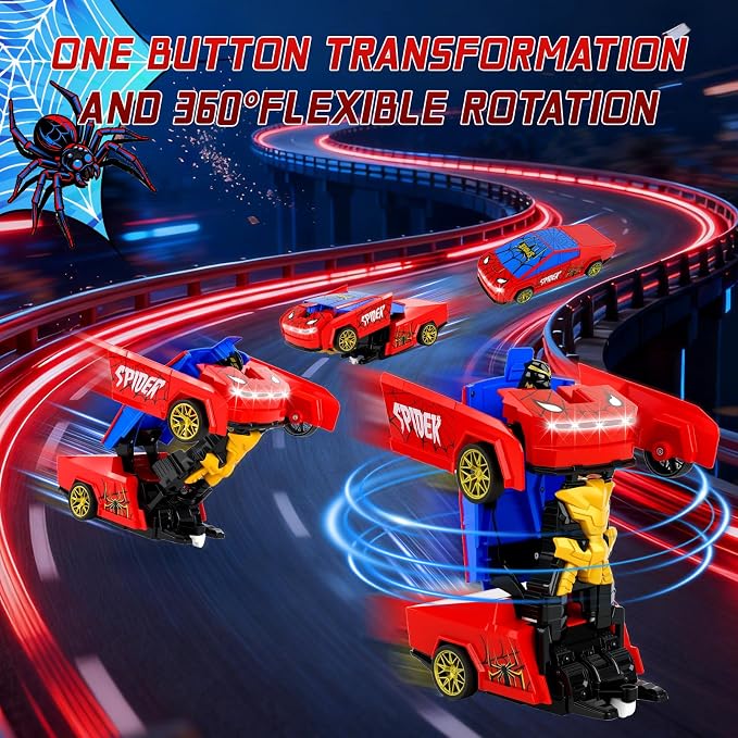 Spider Transform RC Car Toy for Boys 3-8, 2.4GHz Remote Control Cyber Hero Robot Car with LED Light, One-Button Deformation, 360° Drift Pickup Truck Toy Gift for Kids