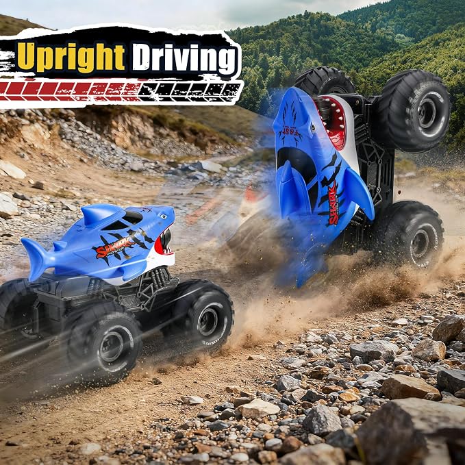 BOBXIN Amphibious Remote Control Shark Monster Truck Squirt Water,4WD All-Terrain Off-Road 2.4Ghz Waterproof RC Car Pool Water Toys for Kids Age 6+ Blue