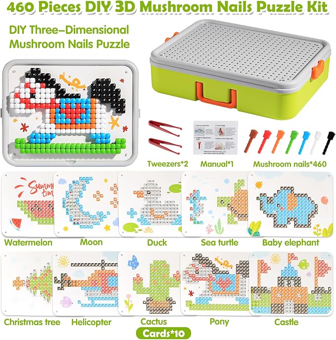 Toddler Puzzles Games for Kids 3-5, STEM Toys 3D Mushroom Nail Puzzle 460 Pieces Building Peg Kit DIY Creative Brain Teaser Puzzle Birthday Gifts for Boys Girls 3 4 5 6 7 8 Year Old