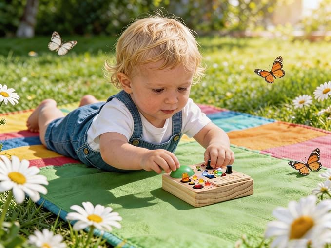 Montessori Busy Board for 1-4 Year Old, Slap-Activated LED Light Sensory Switch Board, Educational Fine Motor Skills Learning Toy