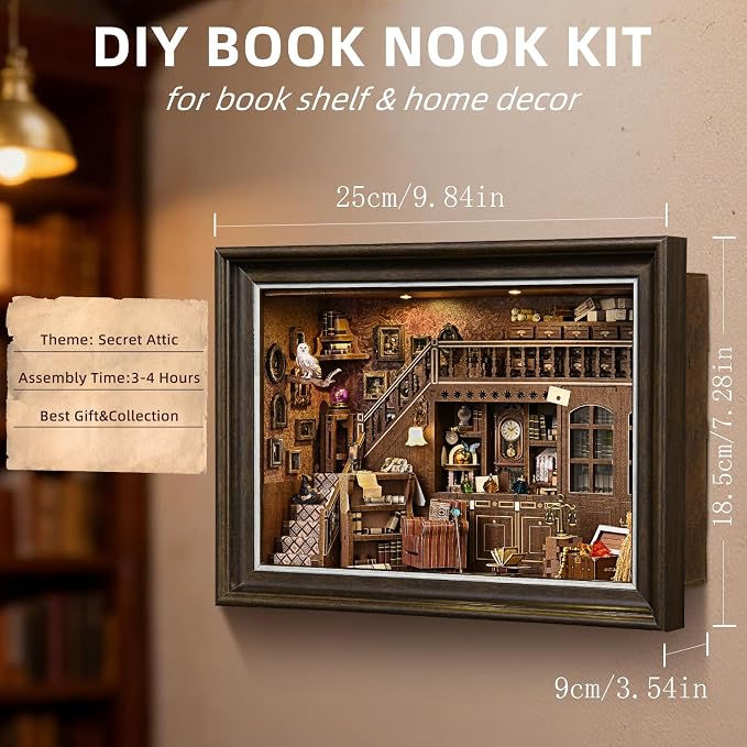 Book Nook Kit-3D Wooden Puzzle with LED Touch Control & Wall-Mountable Frame,DIY Miniature House for Beginners,Bookshelf/Tabletop/Wall Decor for Craft Lovers,Dollhouse Gift,Secret Attic