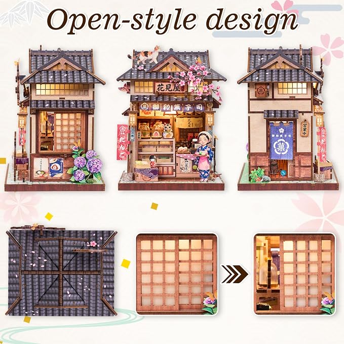 DIY Miniature Dollhouse Kit, Japanese Wagashi Shop 3D Wooden Puzzle with LED Light, Cherry Blossoms & Furniture, Cozy Home Decor, Relaxing Craft Hobby for Adults,Hanamiya