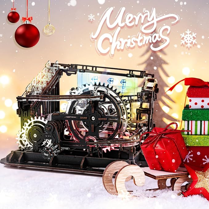 OWNONE 1 3D Wooden Puzzle Marble Run with LED Lights, Wooden Model Building Kits for Adults, Wood Mechanical Puzzle Building Set, Office Desk Decor Gift for Men Adults (312 PCS)