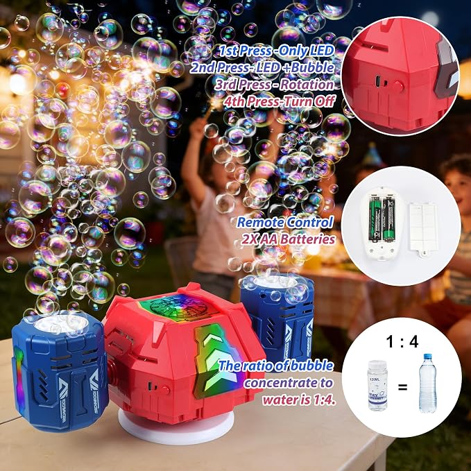 New RC Bubble Machine with RGB Lights, 360° Auto Rotation Bubbles Toy, Rechargeable Battery, Bubble Blower Maker for Kids, Parties, Birthday Gift, Weddings, Indoor Outdoor Activity, Red-Blue