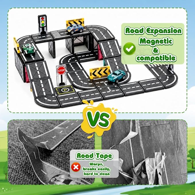 Magnetic Tiles Road Set with Cars, Magnetic Road Building Tiles with 6 Race Cars, Traffic Lights & Road Signs, STEM Construction Toy for Boys Girls Ages 3-5 4-8 5-7, Expansion Magnetic Building