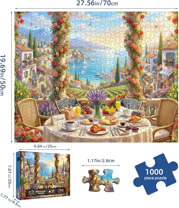 Mediterranean Morning Puzzles for Adults 1000 Pieces,Challenging Jigsaw Puzzles for Adults,Difficult Impossible Puzzle for Family Game Night,Recycled Paper Jigsaw Puzzle,Gifts for Boys Girls