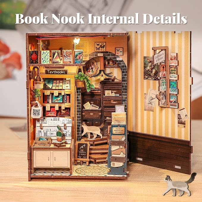 Fsolis Book Nook Kit - DIY Miniature House Kit with Cat | Booknook Bookshop 3D Wooden Puzzles for Adults Tiny Building Kit Gifts for Women Book Lovers (The Scholar's Bookstore)