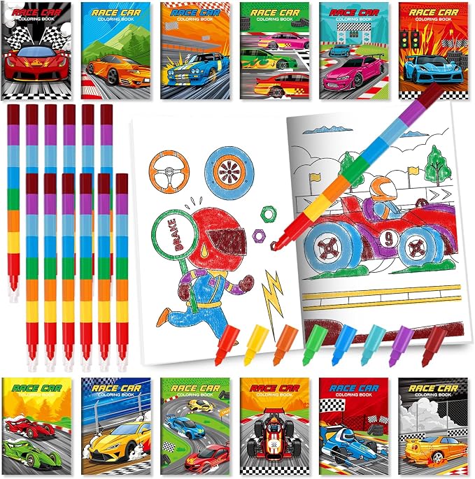 BenLouis 24 Race Car Mini Coloring Books Kids with 24 Stacking Crayons Racing Theme Party Favors Activity Books Bulk for Kids Fast Racecar Wheel Birthday Goodie Bag Gift Stuffer Classroom Reward