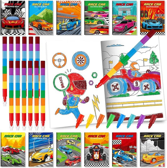 BenLouis 24 Race Car Mini Coloring Books Kids with 24 Stacking Crayons Racing Theme Party Favors Activity Books Bulk for Kids Fast Racecar Wheel Birthday Goodie Bag Gift Stuffer Classroom Reward