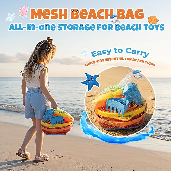 Beach Sand Toys Set for Toddlers, Portable Travel Beach Toys with 2 Collapsible Buckets, 2 Shovels, 2 Rakes, 6 Molds & Mesh Storage Bag for Kids, Summer Gift