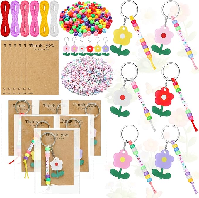 Suncalla 984 Pcs 24 Set Teacher Keychain Making Crafts Kit End of Year Teacher Keychain Gifts DIY Thank You for Helping Me Grow Gifts Flower Charm Name Letter Beads Cards Strings Kit