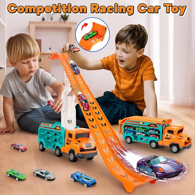 BainGesk Carrier Truck Toys for 3 4 5 6 Years Old Boys, 2.8 Ft Race Track Transport Cars with 6 Die-Cast Metal Toy Cars, Birthday Gifts Kids Age 3-5, Racing Toys Gifts for Toddlers