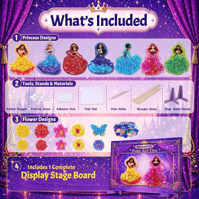 RGIMRTO Poke Art Craft Kit for Kids, 2-in-1 7 Princess +10 Flowers Craft Set with Display Board, Mess Free Craft Activity Birthday Gift for Girls Ages 4, 5, 6, 7, 8, 9,