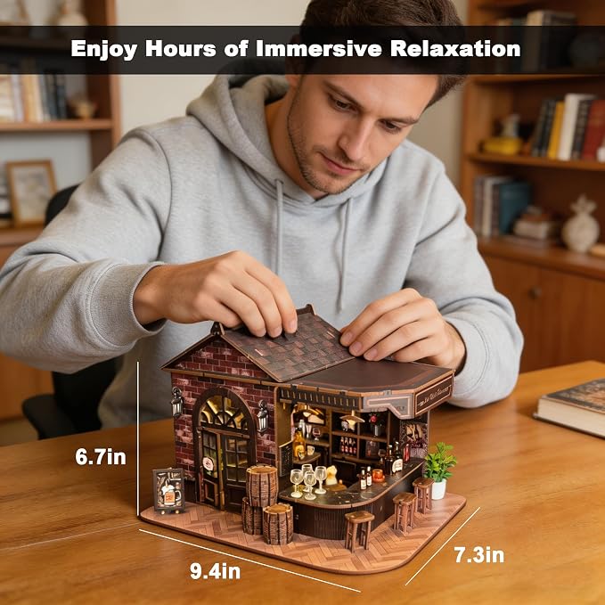 Book Nook Kit, DIY 3D Wooden Puzzle Miniature House, Vintage Pub Corner Tavern with LED Lights, Mini Dollhouse Building Kit Tiny House for Adults, Christmas Birthday Day Gift for Family