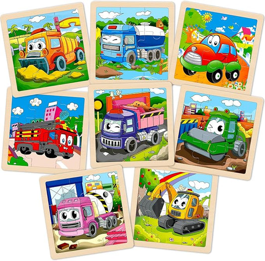 Wooden Puzzles for Toddlers 2-4, 8 Pack Vehicle Car Construction Jigsaw Puzzles for Kids Ages 3-5, 9 Pieces Puzzles for Kids Ages 4-6 Preschool Educational Toys Gift for Boys Girls
