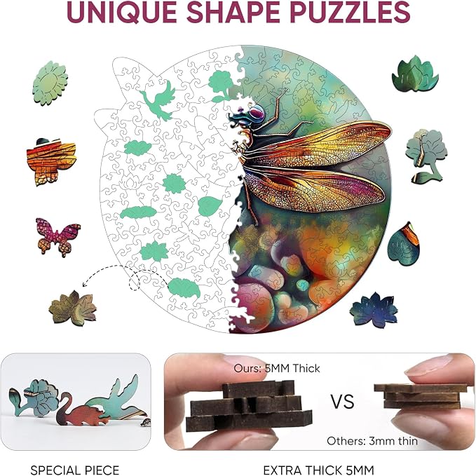 Mys Aurora Wooden Puzzles for Adults, Dragonfly Jigsaw Puzzles 200 Pieces, Unique Shaped Round Flower Puzzles for Adults and Kids, Family Game 11.2 x 10.8 Inch