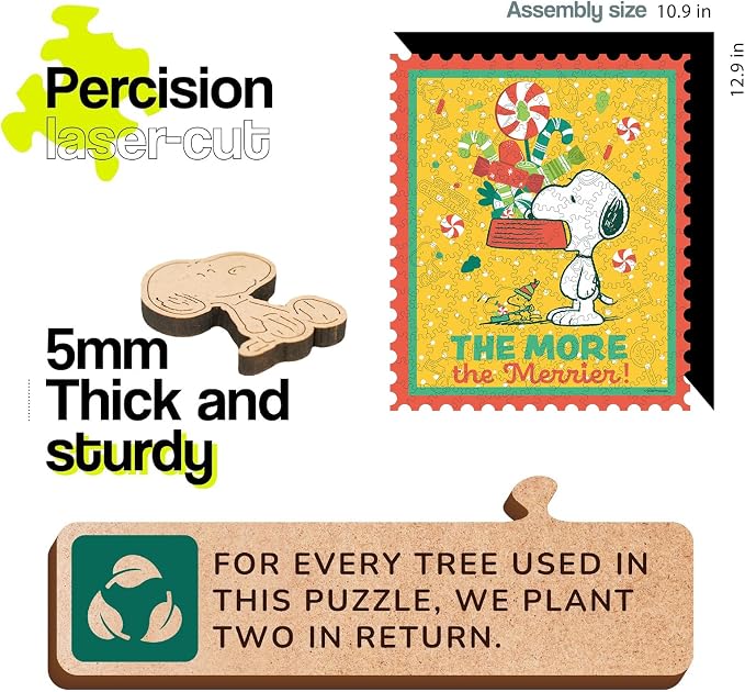 Peanuts Christmas Puzzles for Adults – Snoopy Puzzle Gift for Kids, 200 Pieces Unique Shaped Wooden Jigsaw Puzzles, 5MM Thick, Officially Licensed Merchandise – The More The Merrier, 10.9" x 12.9"