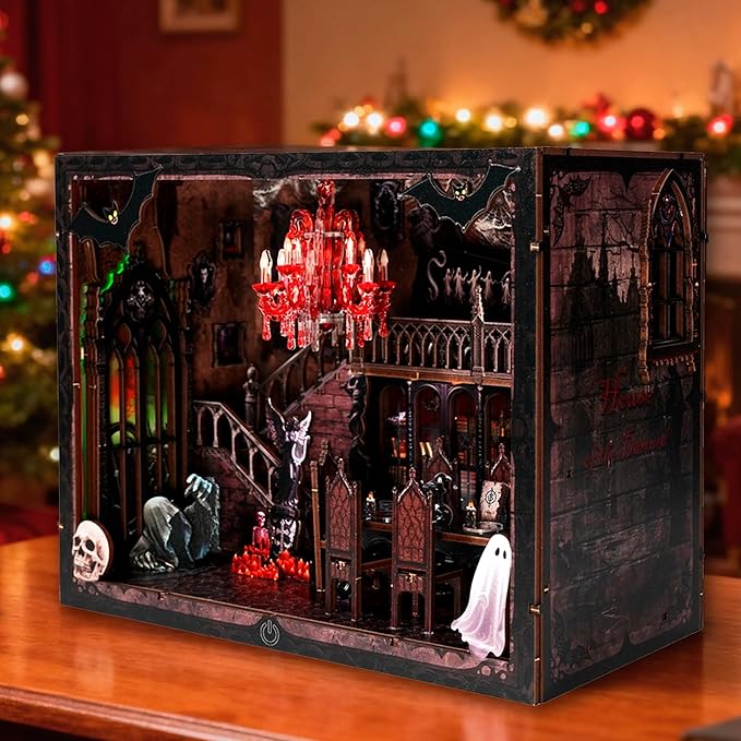 Haunted Manor DIY Miniature House Kit with LED Lights - Gothic Book Nook Decor, 3D Wooden Puzzle for Adults, Halloween Home Decoration (AAA Batteries Not Included)