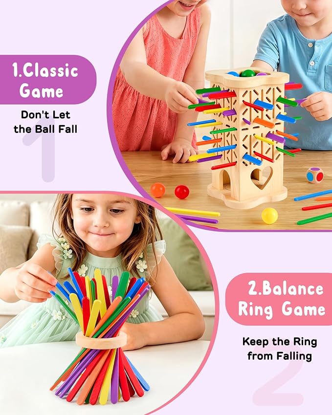 Montessori Wooden Board Games for Kids Ages 4-8, 42 Wooden Strips Game, Color Matching Board Games for Kids 4-6, Fine Motor Skills Toy Montessori Toys for 3 4 5 6 Year Olds, Gift Boys Girls Family