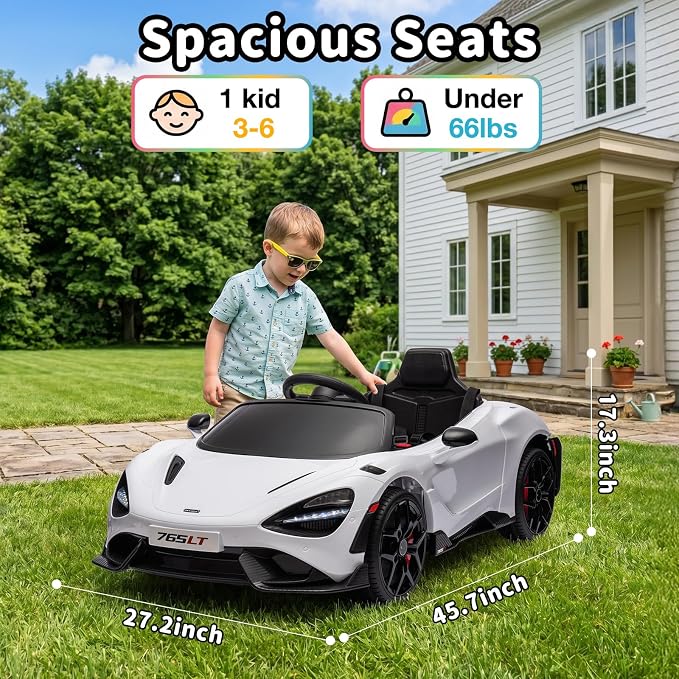 Kids Ride-on Car Licensed McLaren765LT for 3-6Years Old, Electric car 12V Battery Powered Electric Vehicle, w/Parent Remote, Music Player, LED Lights, Smooth Start, 3 Speeds, (White)